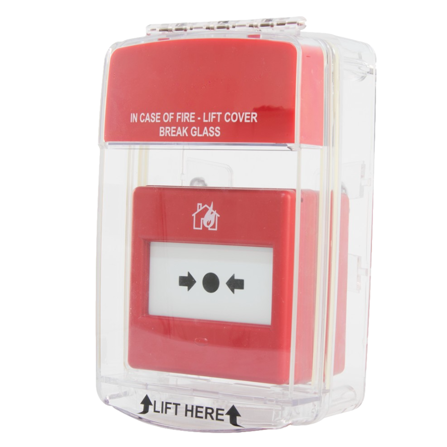 A clear polycarbonate cover with integrated alarm sounder for manual call points, featuring red and green sections and an instruction label at the top.