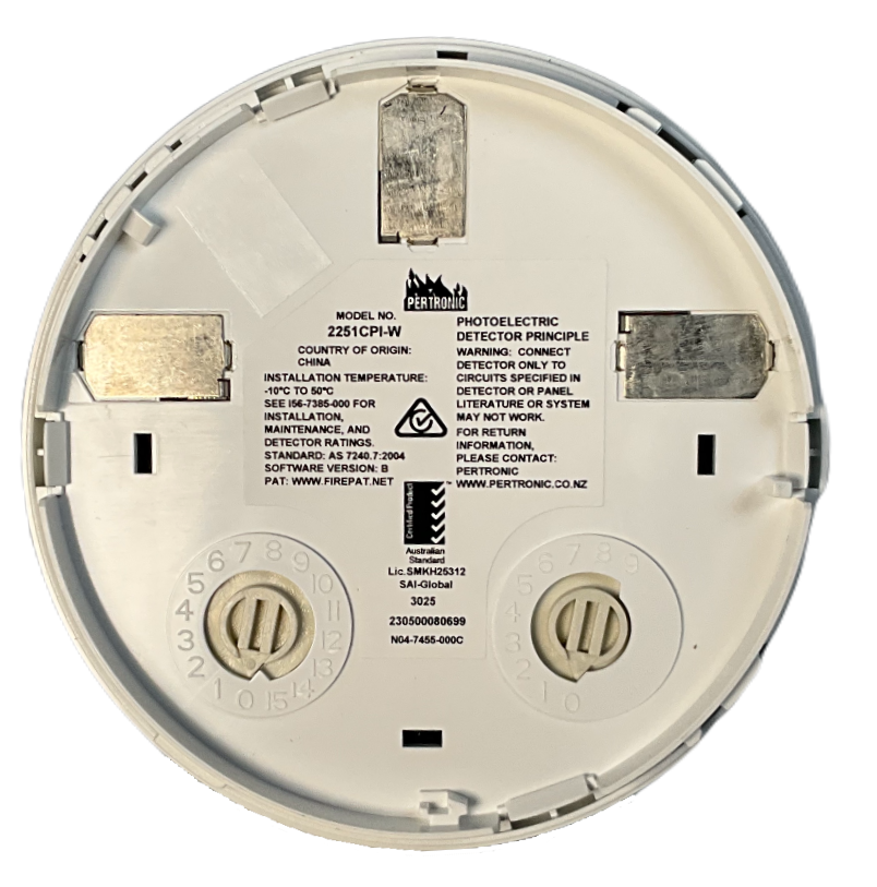 Pertronic 2251 CPI Smoke Detector Rear View with Model Details