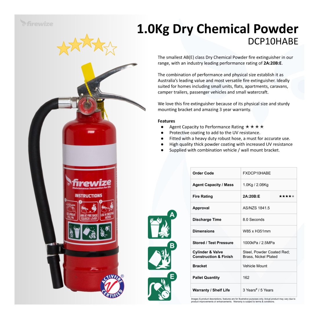 1.0kg Dry Powder ABE Fire Extinguisher - Firewize