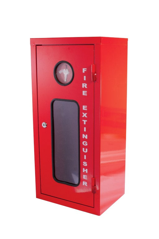 A red metal fire extinguisher cabinet with a clear glass break panel and a label that reads 'FIRE EXTINGUISHER'.