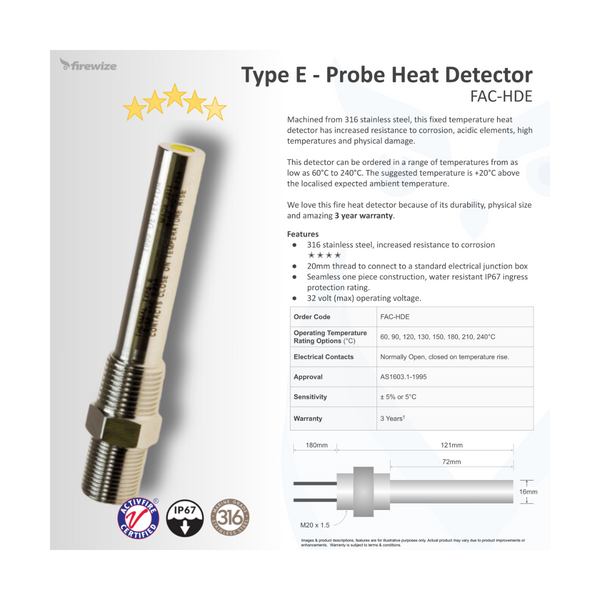 Heat Detector, Type E Probe Fixed Temperature - Firewize