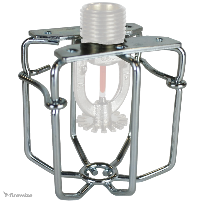 A silver metal protective wire guard designed for fire sprinkler heads.