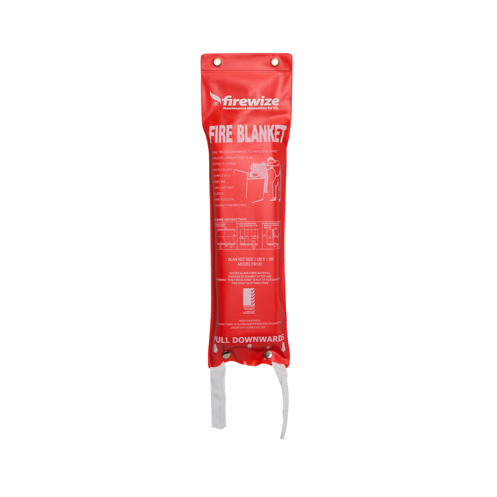 A red fire blanket in a hanging case with white text and branding, including emergency instructions.